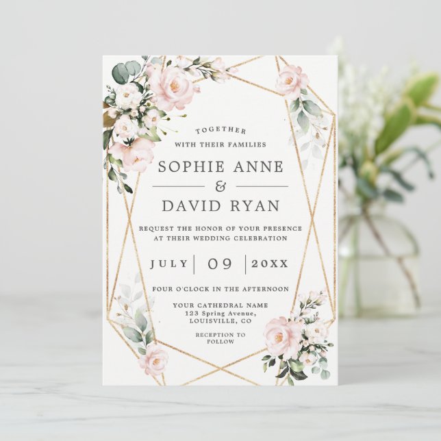 Pink Flowers Gold Frame All In One Wedding Invitation (Standing Front)
