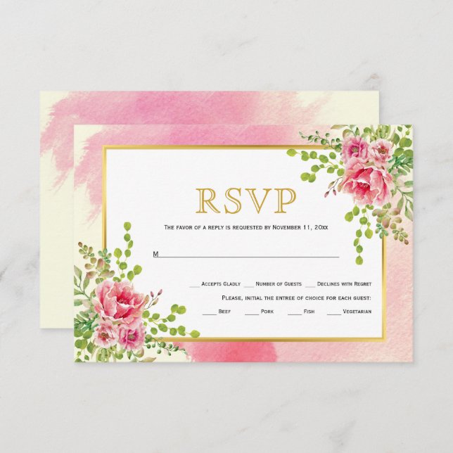 Pink flowers gold frame floral boho wedding RSVP card (Front/Back)