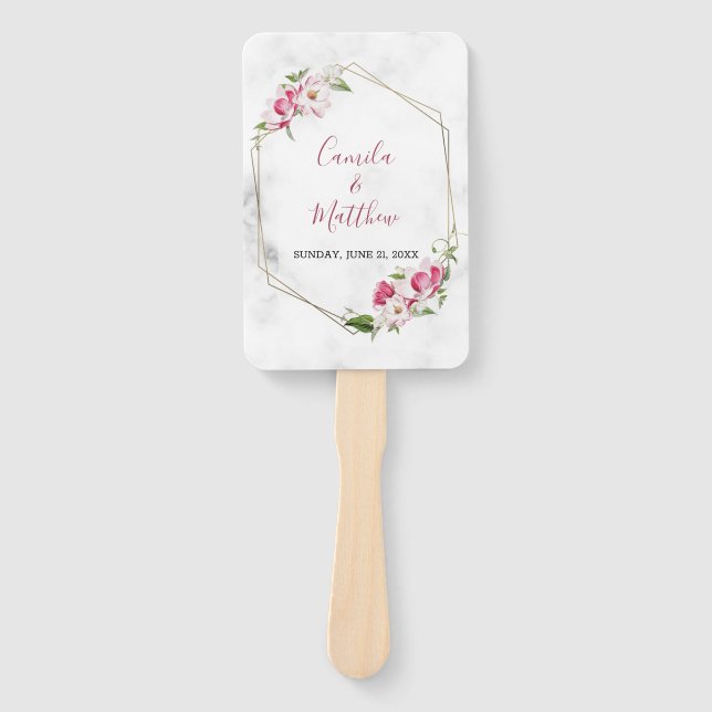 Pink Flowers Gold Frame Hand Fan (Front)