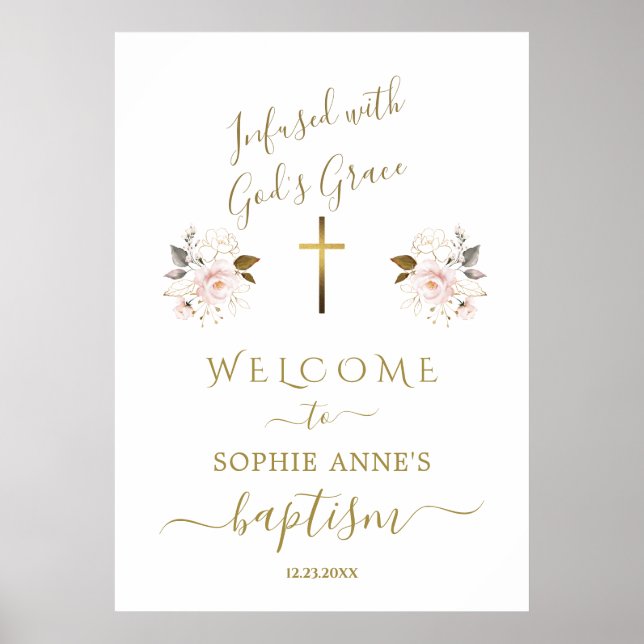 Pink Flowers Gold Girl Baptism Welcome Sign (Front)