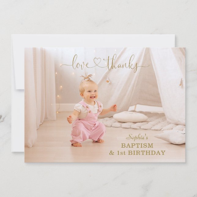 Pink Flowers Gold Girl Photo 1st Birthday Baptism Thank You Card (Front)