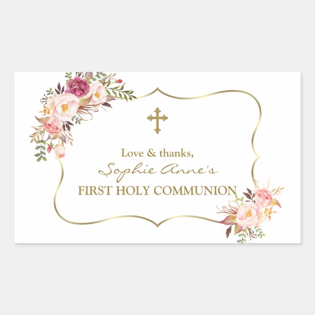 Pink Flowers Gold Girl Photo Holy Communion    Rectangular Sticker (Front)