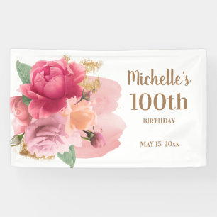 Pink Flowers Gold Glitter 100th Birthday Party Banner