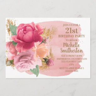 Pink Flowers Gold Glitter 21st Birthday Party Invitation