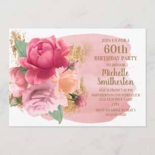 Pink Flowers Gold Glitter 60th Birthday Party Invitation