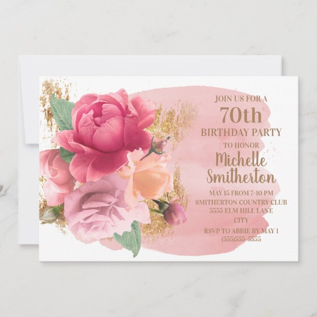 Pink Flowers Gold Glitter 70th Birthday Party Invitation (Front)