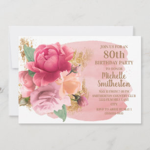 Pink Flowers Gold Glitter 80th Birthday Party Invitation