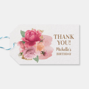 Pink Flowers Gold Glitter Birthday Thank You Gift Tags