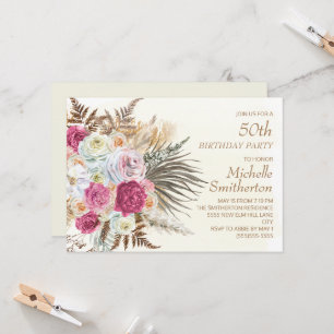 Pink Flowers Gold Glitter Cream 50th Birthday Invitation