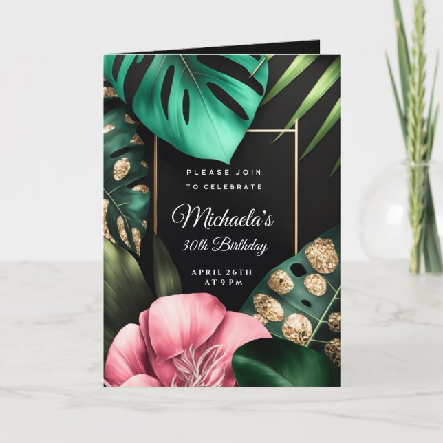 Pink flowers gold glitter leaves birthday party invitation (Front)