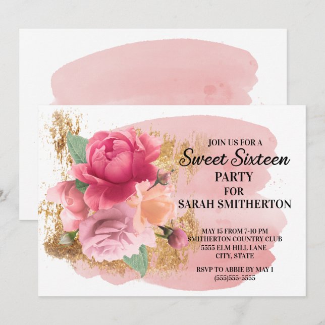 Pink Flowers Gold Glitter Sweet 16 Birthday Party Invitation (Front/Back)