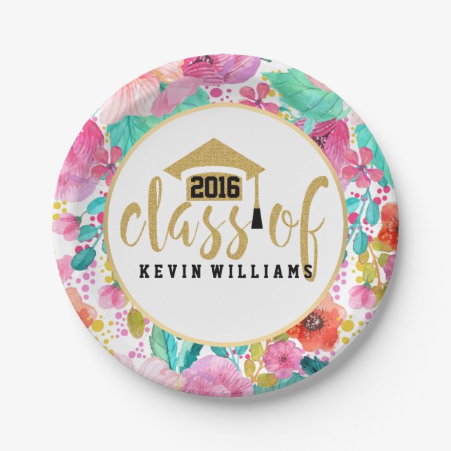 Pink Flowers & Gold Glitter Text Class of 2016 Paper Plate (Front)