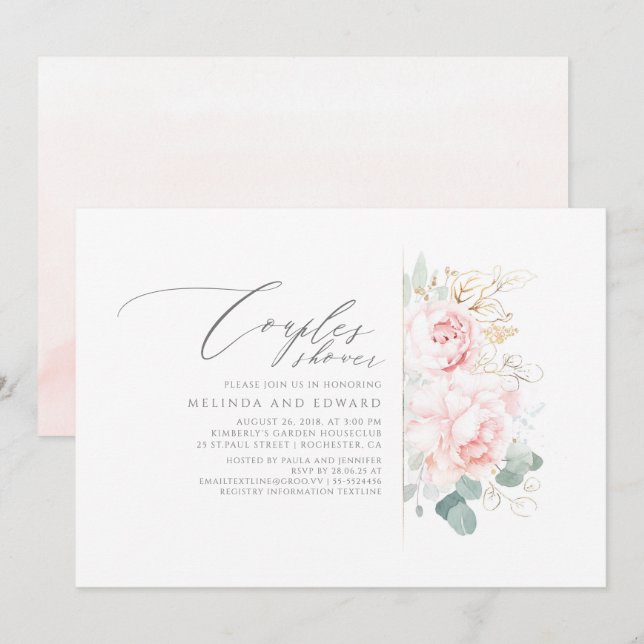 Pink Flowers Gold Greenery Couples Shower Invitation (Front/Back)