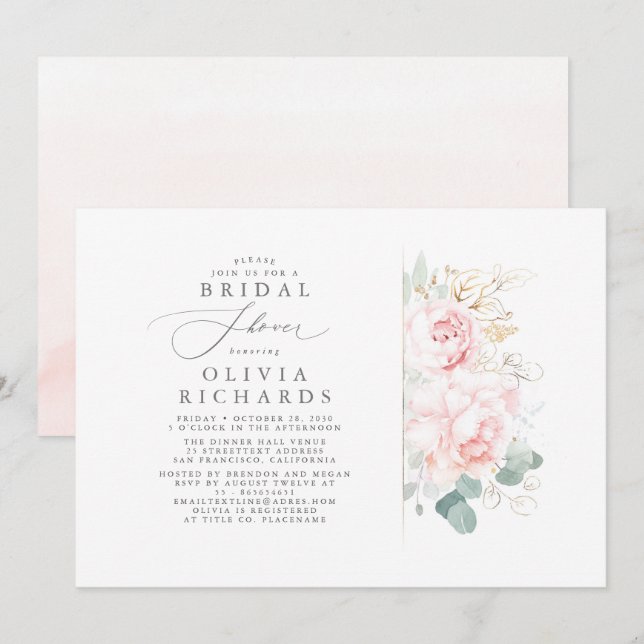Pink Flowers Gold Leaves Elegant Bridal Shower Invitation (Front/Back)