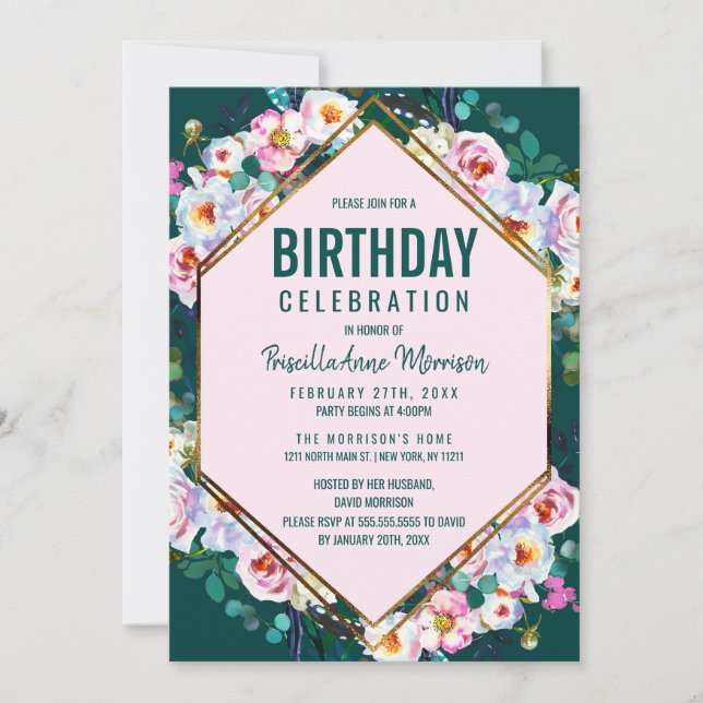 Pink Flowers Gold Trim Emerald Jade Birthday Invitation (Front)