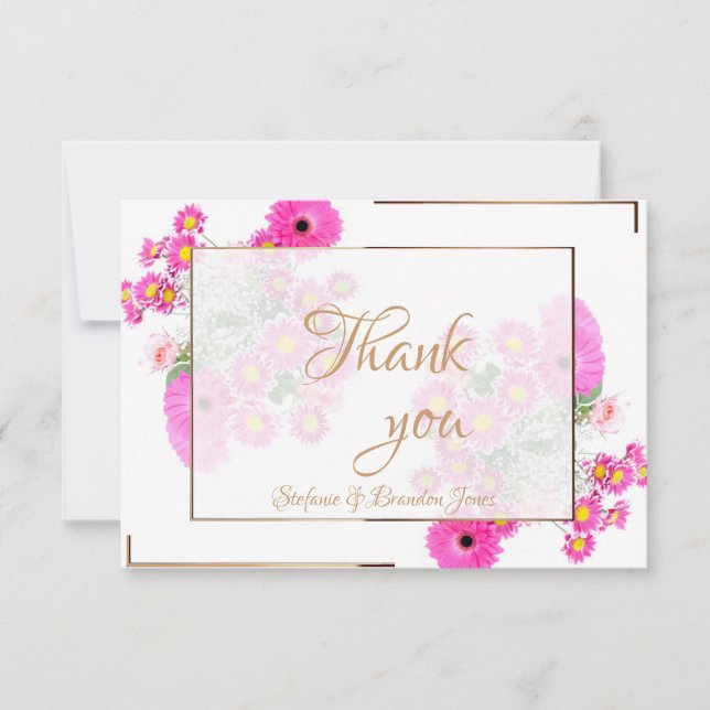 Pink Flowers/Gold Trim Thank You Card (Front)