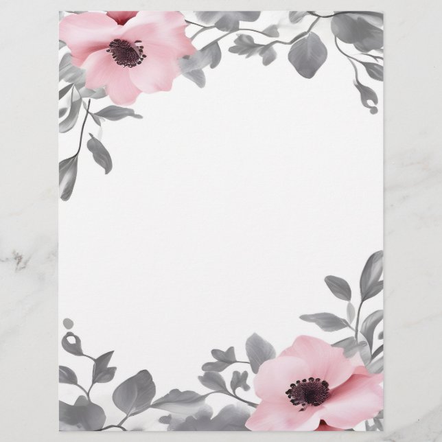 Pink Flowers Gray Accents Stationery Paper Custom Letterhead (Front)