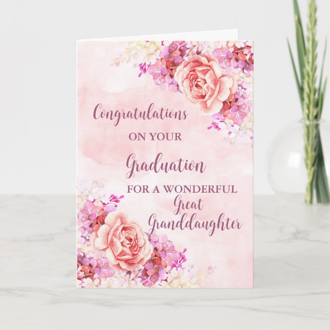 Pink Flowers Great Granddaughter Graduation Card (Front)