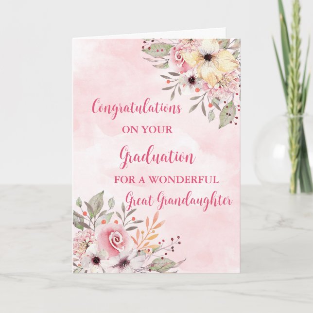 Pink Flowers Great Granddaughter Graduation Card (Front)