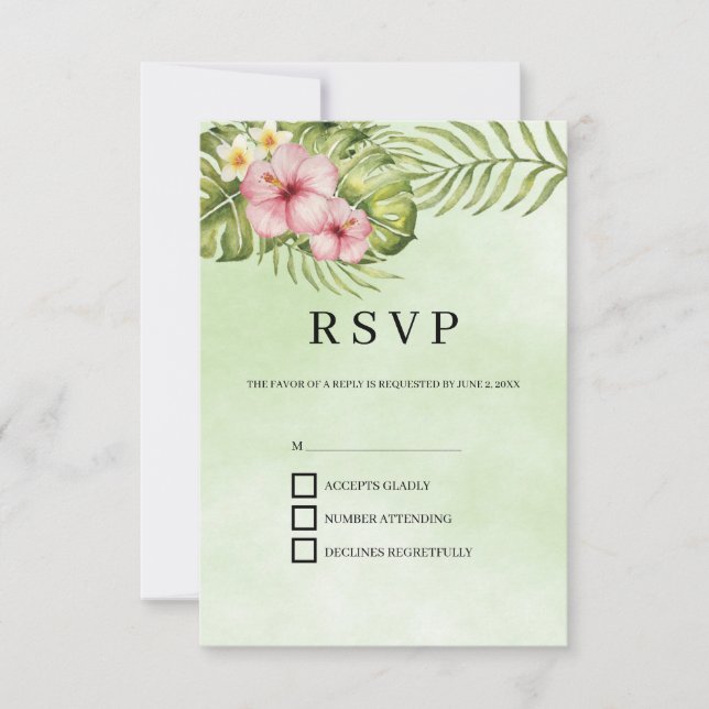 Pink Flowers Green Background RSVP Card (Front)