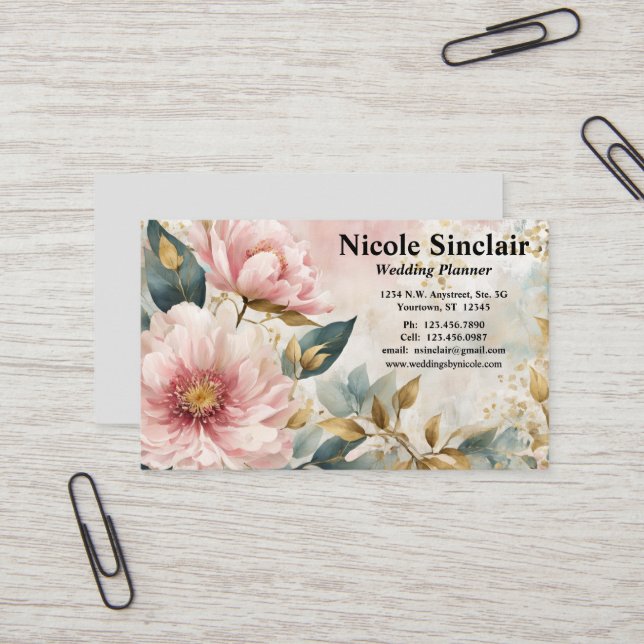 Pink Flowers Green & Gold Accents Weddings Events  Business Card (Front/Back In Situ)