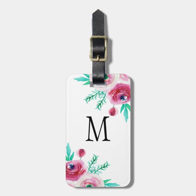 Pink Flowers Green Leafs Bouquet Design Luggage Tag (Front Vertical)