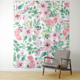 Pink Flowers green Leafs Pattern Girly Design Tapestry