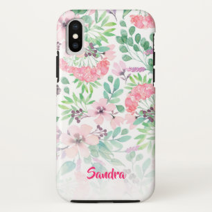 Pink Flowers Green Leafs Pattern Monogram iPhone X Case
