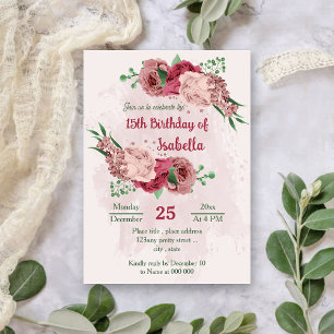 pink flowers green leaves botanical birthday invitation
