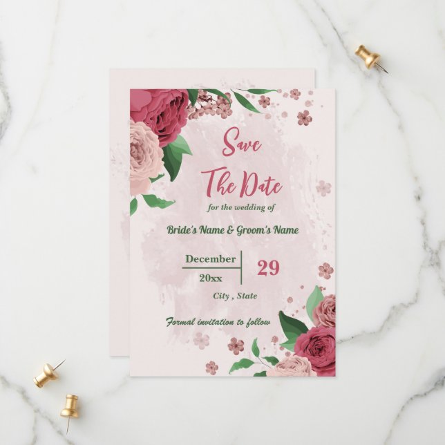 pink flowers green leaves botanical save the date (Front/Back In Situ)