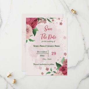 pink flowers green leaves botanical save the date