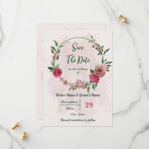 pink flowers green leaves botanical save the date