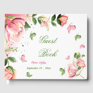 pink flowers green leaves butterflies guest book
