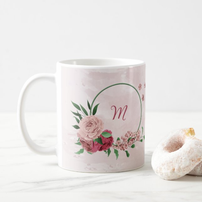 pink flowers green leaves  coffee mug (With Donut)