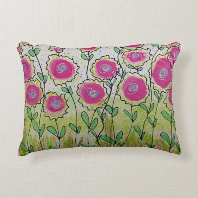 Pink Flowers Green Leaves  Decorative Cushion (Front)