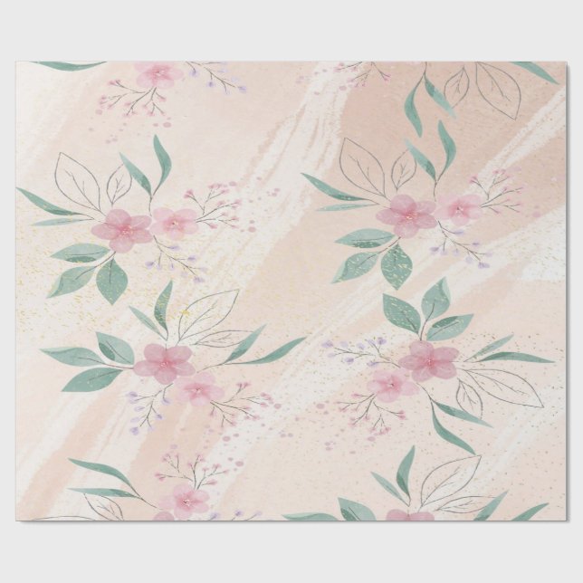 Pink Flowers & green leaves | Modern floral art  Wrapping Paper (Flat)