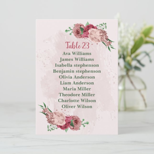 pink flowers green leaves seating chart card (Standing Front)