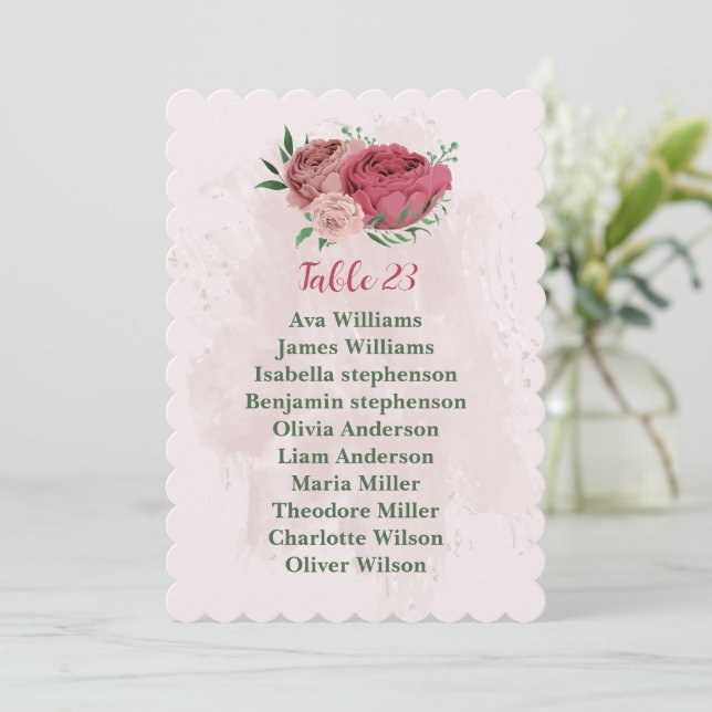 pink flowers green leaves seating chart card (Standing Front)