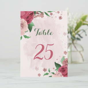 pink flowers green leaves table number card