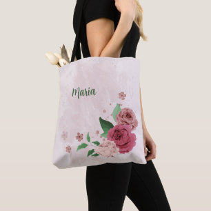 pink flowers green leaves tote bag