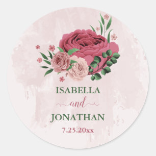 pink flowers green leaves wedding classic round sticker