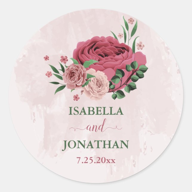 pink flowers green leaves wedding classic round sticker (Front)