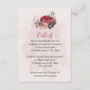 pink flowers green leaves wedding details enclosure card