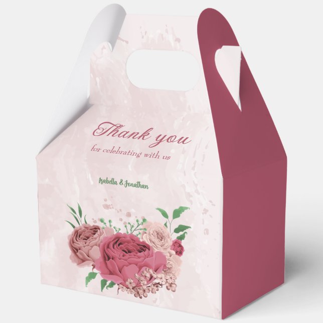 pink flowers green leaves wedding  favour box (Front)