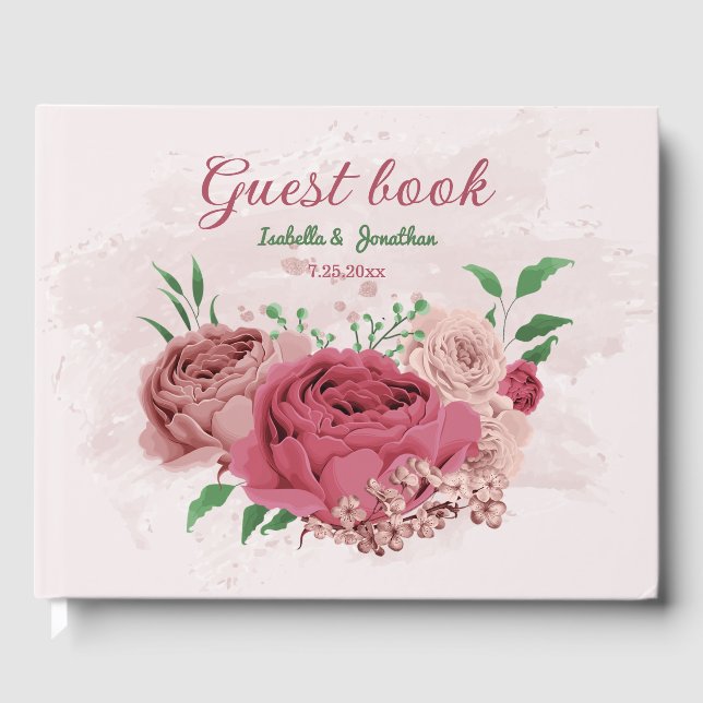 pink flowers green leaves wedding  guest book (Front)
