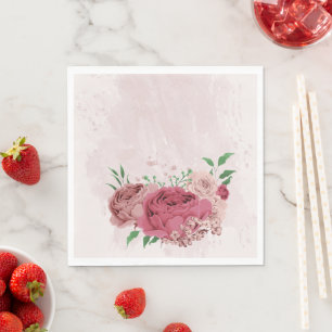 pink flowers green leaves wedding napkin