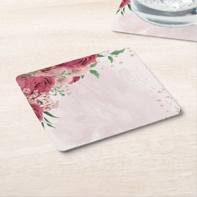 pink flowers green leaves wedding square paper coaster (Angled)