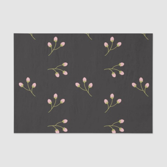 Pink Flowers Green Stem Black Floral Spring Tissue Paper (Front)