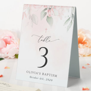 Pink Flowers, Greenery, Baptism Table Numbers