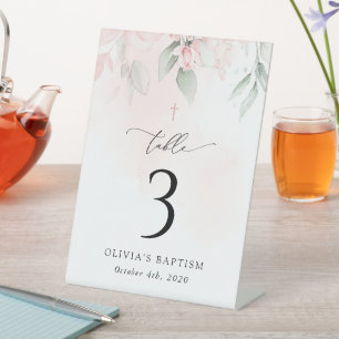 Pink Flowers, Greenery, Baptism Table Numbers Pedestal Sign